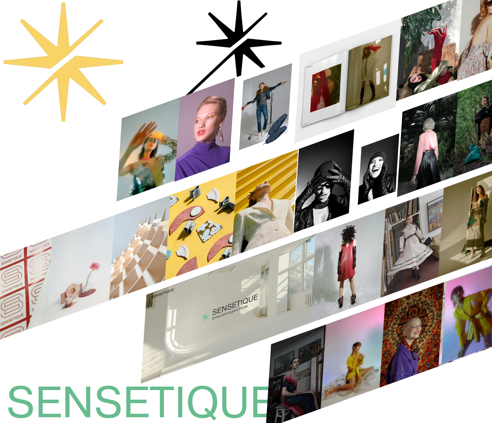Коллаж с фотографиями продакшена Sensetique и интерьерами залов фотостудии